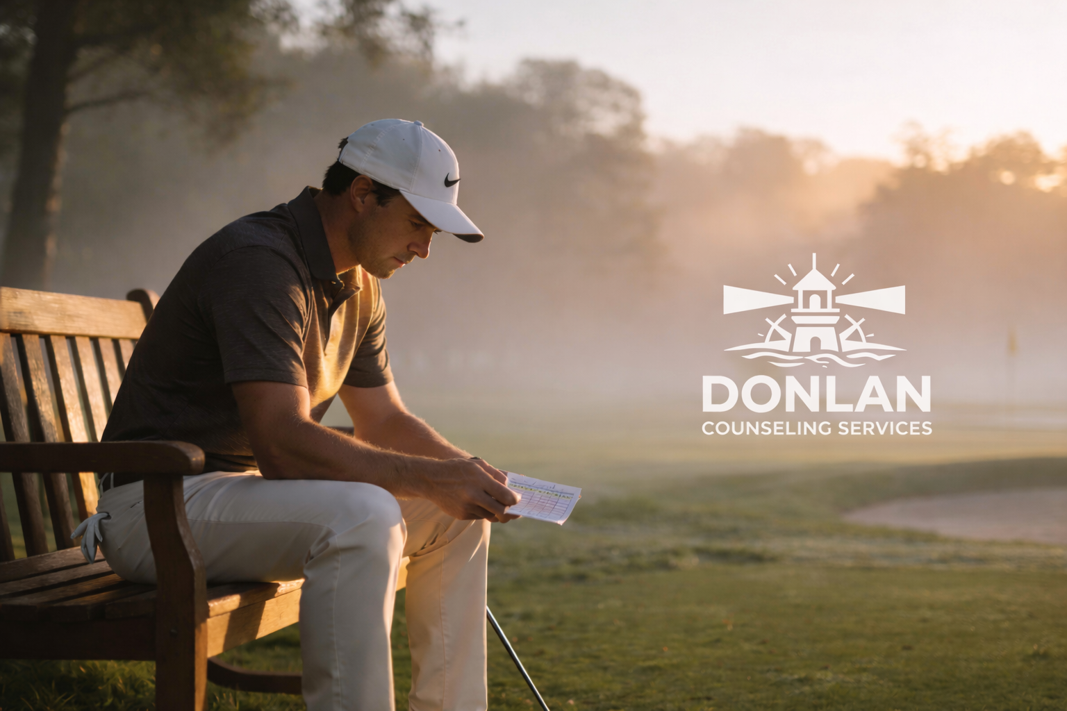 A golfer sitting on a bench holding a scorecard with DCS logo on the right