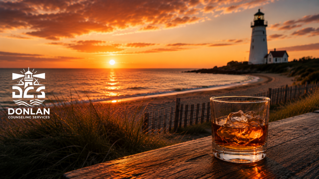 Sunset beach scene on Cape Cod with a whiskey glass in the foreground, a lighthouse in the distance, highlighting alcohol addiction, social acceptance of drinking, and alcoholism awareness.